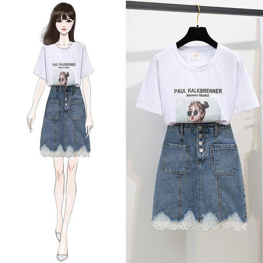 Lace Side Korean Students High Waist Denim Skirt Half Skirt Spring and Autumn Net Red New Hip A-shaped Skirt Two Pieces