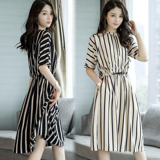 All-match Thin High Waist Skirt Temperament Lady Dress with Pockets In The Long Striped High Waist Dress Thin Elegant Round Neck Retro
