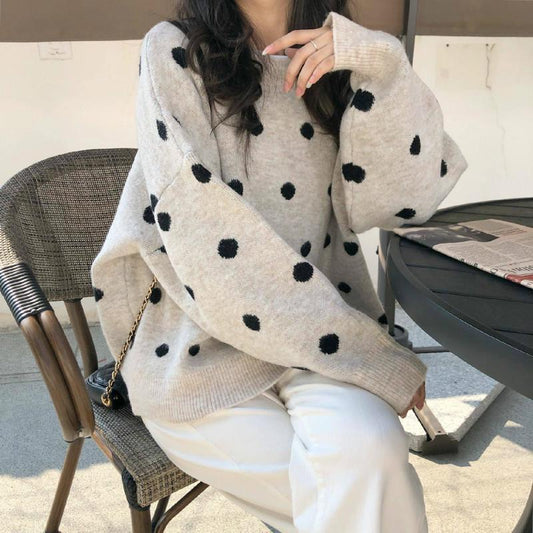 Autumn Winter Retro Dot Student Loose Long Sleeve Round Neck Pullover Classic Sweater Women