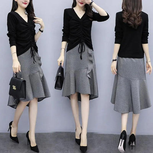 Large Size Women's Skirt Set V-neck Pleated Long-sleeved Top Irregular Ruffled Fishtail Skirt Two-piece Set Spring and Summer Casual Suit