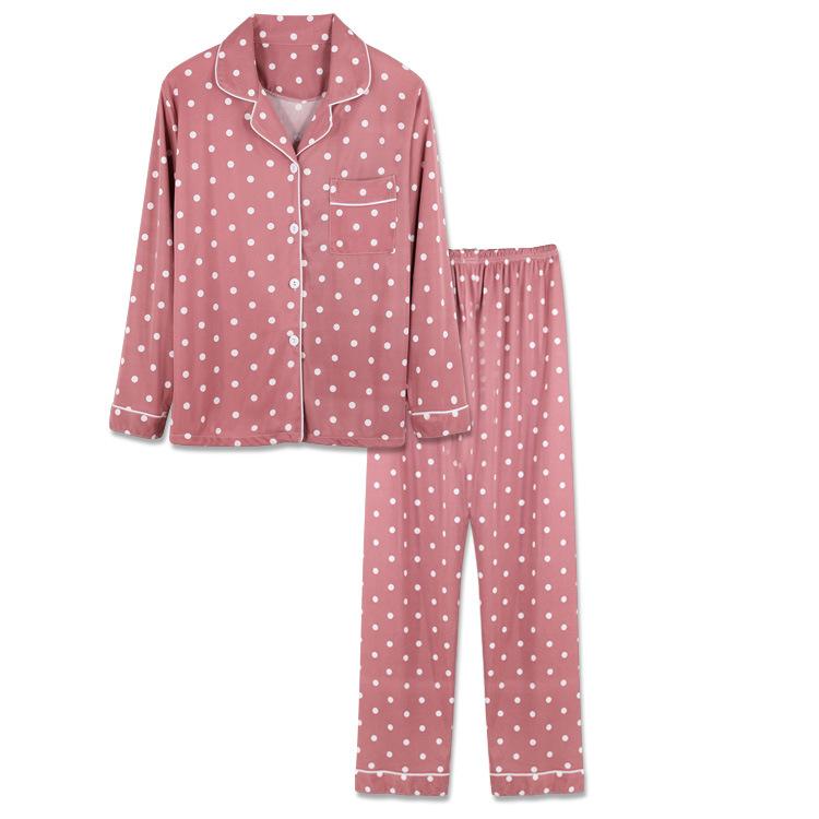 Women Long Sleeve Pajamas Autumn Winter Ice Silk Long Trousers Suit Dots Print Sleepwear Set Casual Loose Men Homewear Turndown Collar Shirt Nightwear