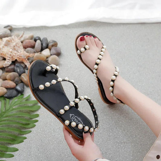 Korean Pearl Sandals Women's Summer Flat All-match Roman Sandals Elegant Vintage Temperament Sandals Comfortable and Non-slip