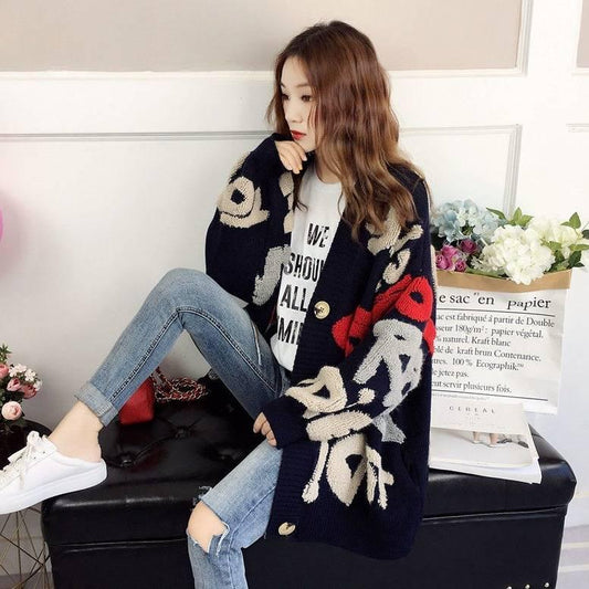 Women's loose wild knitted sweater coat long sleeve sweater cardigan sweater women's clothing