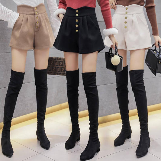 Woolen Shorts Women High Waist Female Loose Thick Warm Boots Shorts Wide Leg A-line Shorts