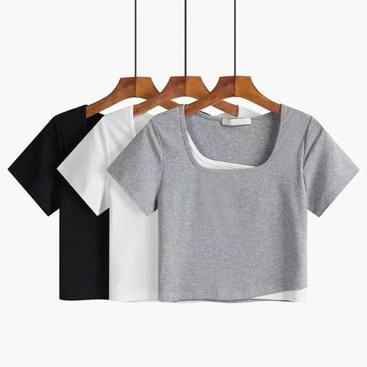 Two-piece Layered Airline Navy High Waist Straight Short Sleeve Top Women's T-Shirt