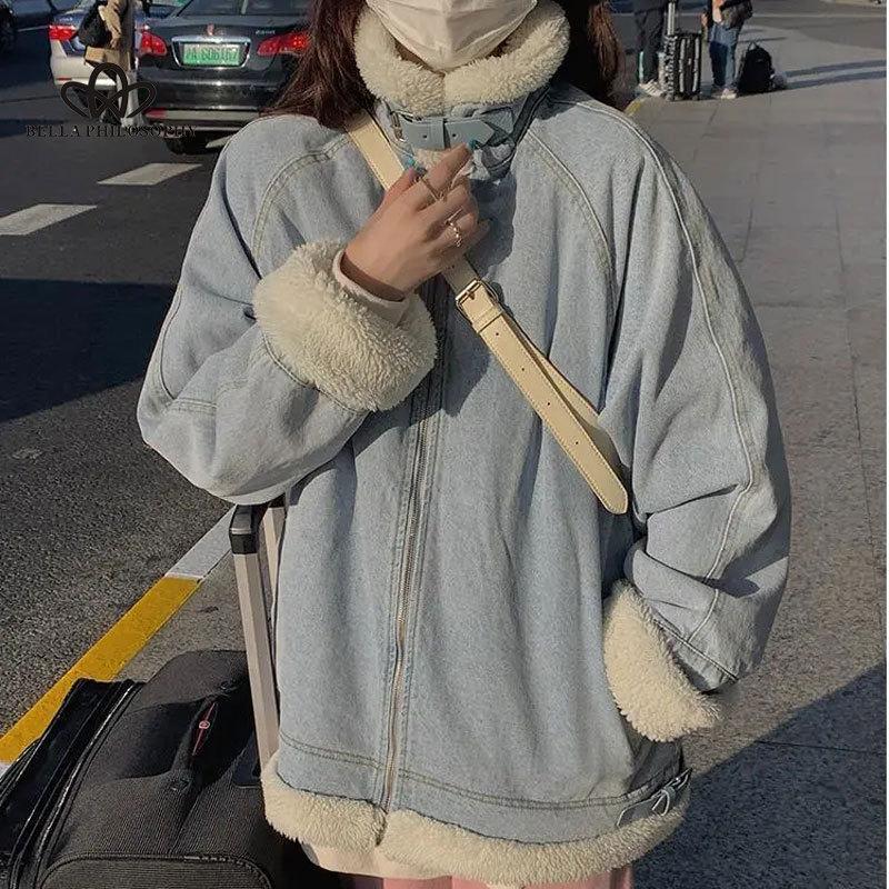 Women Winter Casual Thick Warm Faux Fur Coats Female Denim Faux Fur Loose Jacket Lady Fashion Korean Streetwear