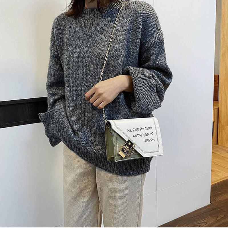 Women PU Box Bag Chain Letters Clutch Purse Shoulder Crossbody Bags Contrasting Color Stitching Design
