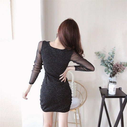 Autumn and Winter Bag Hip Sexy Dress Long Sleeves V-neck Mid-length Sweater