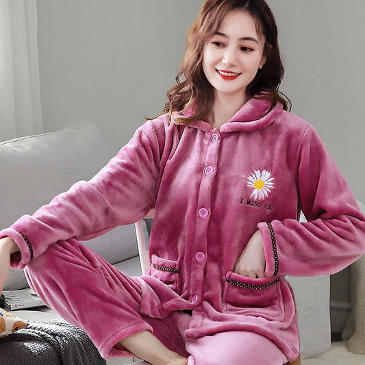 Pajamas Women's Coral Fleece Thickening Ladies Flannel Suit Long-sleeved Plus Size Winter Home Service Will Not Shed Hair and Will Not Fade