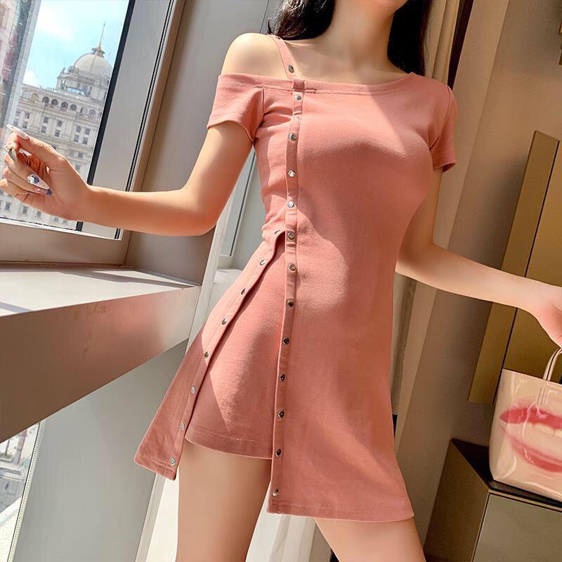 Summer Off-the-shoulder Suspender Skirt Irregular Metal Buckle Slim Solid Color Niche Dress Women's Summer