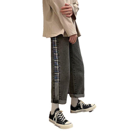 Spring and Summer Plaid Stitching Jeans Men's Design Sense Pants Straight Loose Nine-point Pants Tide Ins