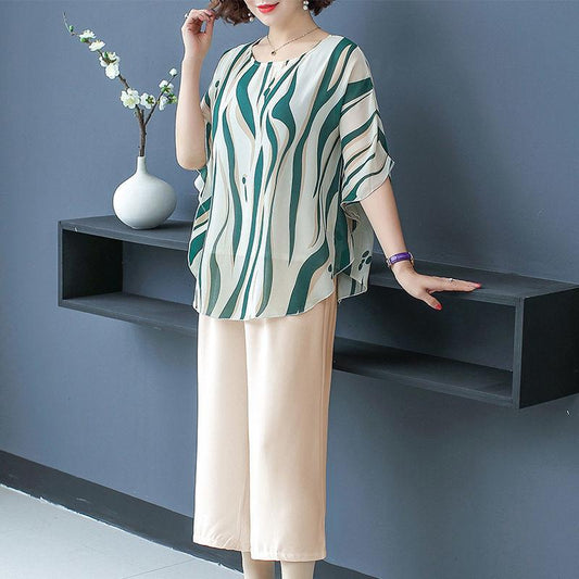 WTEMPO Middle-aged Women's Plus Size 2 Pcs Set Chiffon Shirt and Pants 2 Piece Set Spring and Summer Bat Sleeve Blouse Loose Casual Two-piece Set