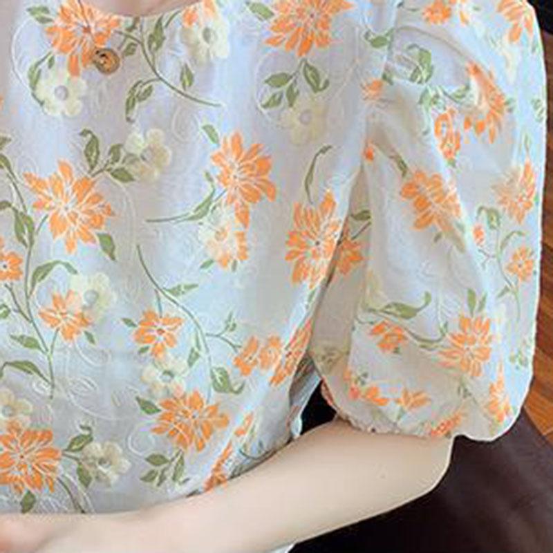 Summer Sweet Puff Sleeve Floral Shirt Women Loose Chiffon Shirt Top
