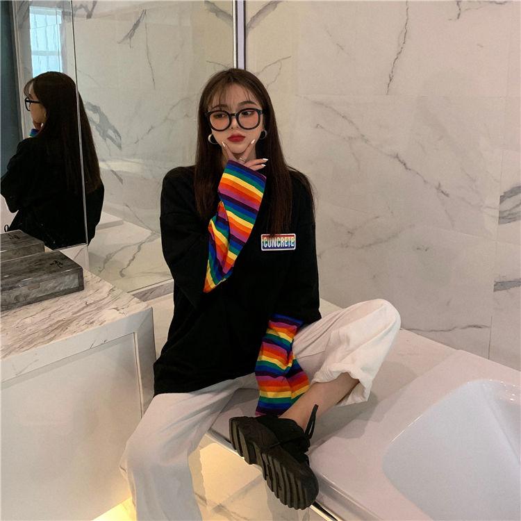 Spring Autumn Women Harajuku Long Sleeve Rainbow O-Neck T-Shirts Casual Striped Femme Black Tops Pullover