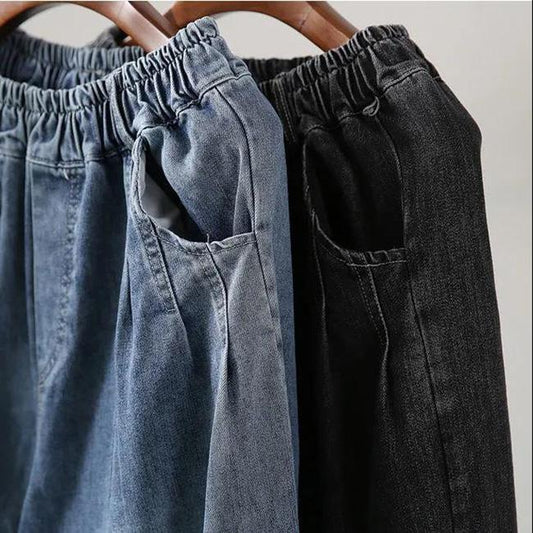 WTEMPO Plus Size Elastic Waist Women's Jeans Loose Wide Leg Straight Denim Big Pocket Trousers