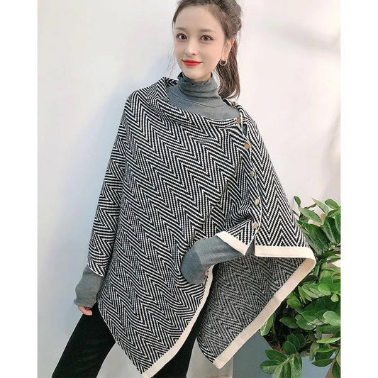 Ladies Shawl Cloak Scarf Autumn Winter Dual-use Irregular Striped Printting Scarf Shawl Korean Style All Match Buttons Keep Warm