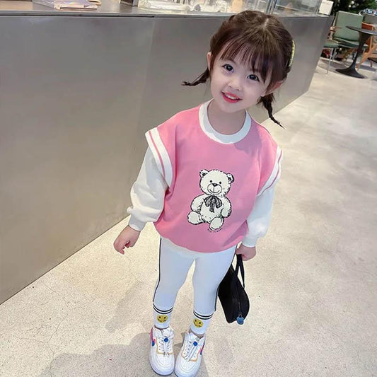 Girls Spring and Autumn Cute Two-piece Long Sleeve Soft Print Solid Color Sweater + Gray Leggings Casual Style Sports Children's Suit