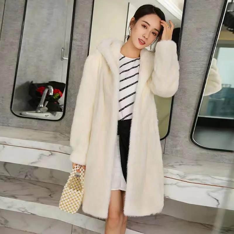 Faux Mink Fur Coat Women's Mid-length Fur Coat with Hood