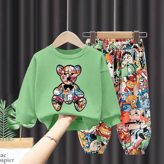 Boys and Girls Wear Cute Bear Print Sweater + Anime Print Pants Casual Loose Spring and Autumn Comfortable Breathable Sweat Two-piece Suit