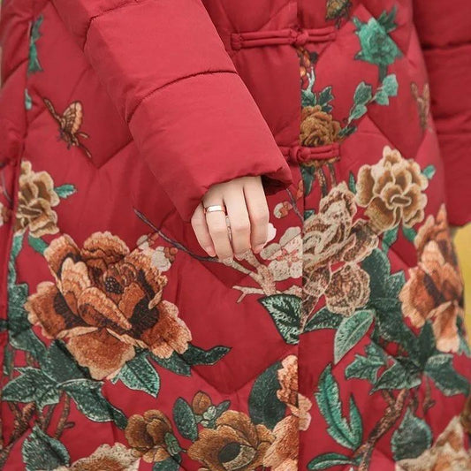 Chinese Style Women Flower Print Hooded Parka Long Coat Coat Jacket Down Padded Jackets Autumn and Winter Warm Thicken Loose Outwear
