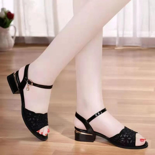 Summer Leather Ladies Sandals Fashion Middle-aged All-match Middle-heeled Fish Mouth Mother Sandals
