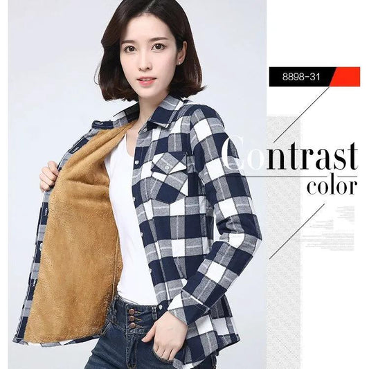 Winter Warm Women Velvet Thicker Jacket Plaid Shirt Style Coat Casual Outerwear