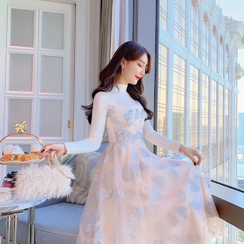 Knitted long skirt woman fashion net yarn sequin dress female autumn and winter dress plus size slim
