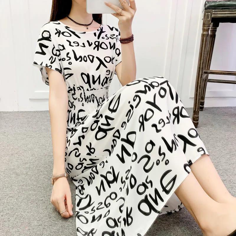 Plus Size Long Dress Ink Painting Print Short Sleeve Dress Casual Comfort Cotton Dresses Summer