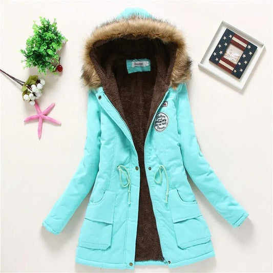 Autumn Winter Women Cotton Jacket Padded Casual Coat Fur Collar Hooded Parkas Wadded Overcoat Outwear Military Parkas Plus Size Thick Coats
