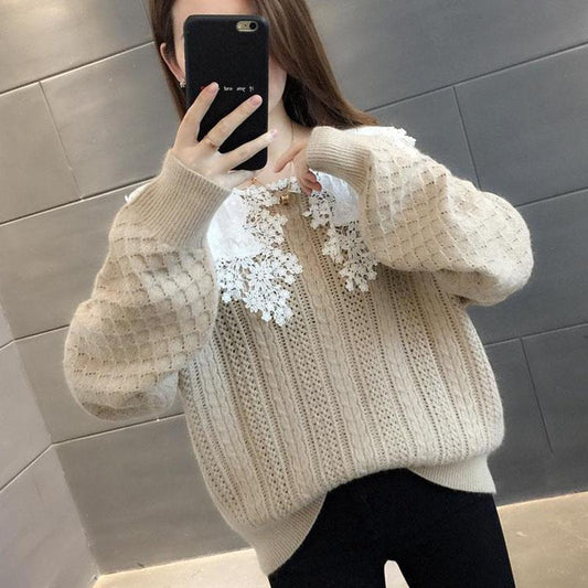 Spring and Autumn Loose Sweater Outer Wear Doll Collar Knitted Top Cute Style Lace Collar Female Sweater
