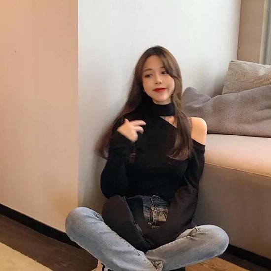 Pofulove Girly Slim Hollow Out Collar Sweater Chic Halter Neck Crop Top V-Neck Fit Sweater Jumper