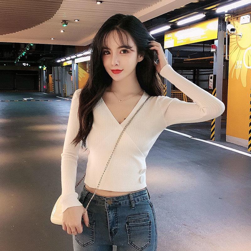 Autumn Hong Kong Flavor Long Sleeve Short Base Slim Fit V-neck Short-sleeved Knitted Sweater Tops