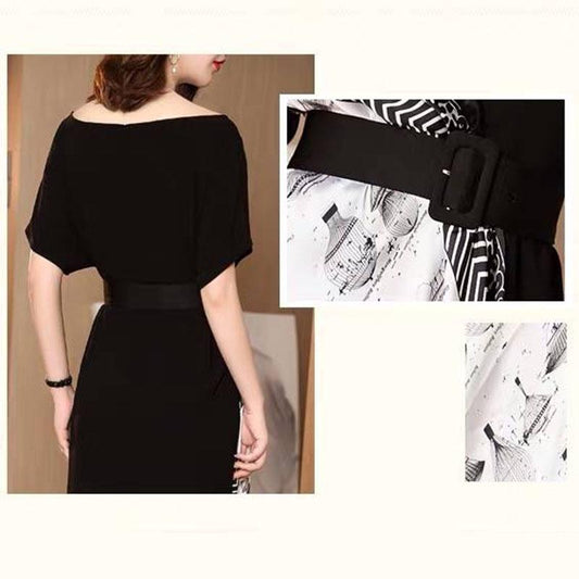 Printed Contrast Color Dress Women Summer Slim Belted Asymmetrical Dress Half Sleeve Dress