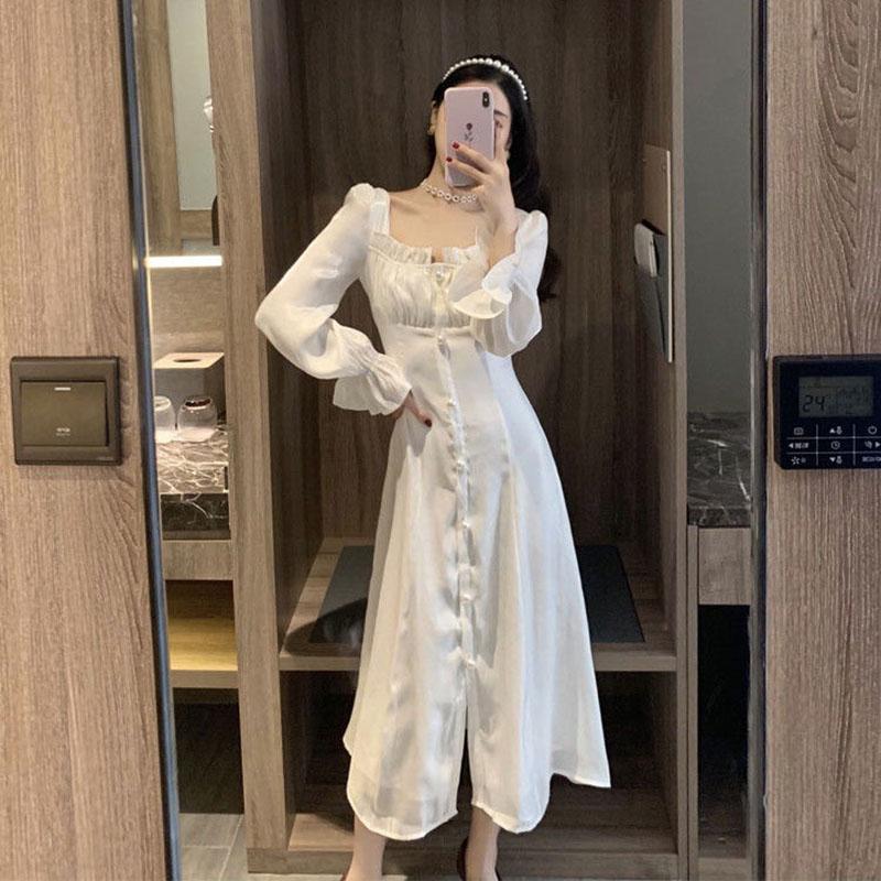 Hepburn Style Sweet and Salty Dress Mid-length Fairy Skirt Gentle White Long Skirt Ankle Fairy Tale