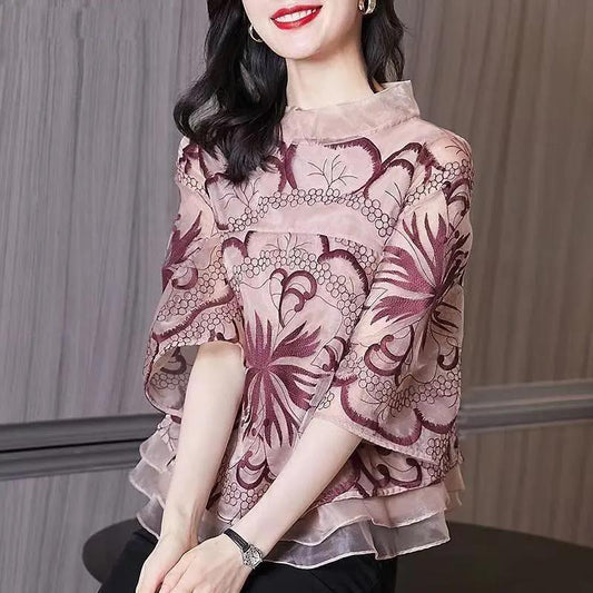 Women's Summer Loose Short Sleeve Top Print Versatile Round Neck Chiffon T-Shirt