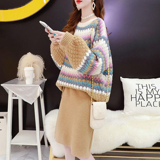 Two-piece Suit Sweet Temperament Loose Large Size Knitted Sweater + Skirt Warm Sweater Suit Women's Warm Spring and Autumn Clothing