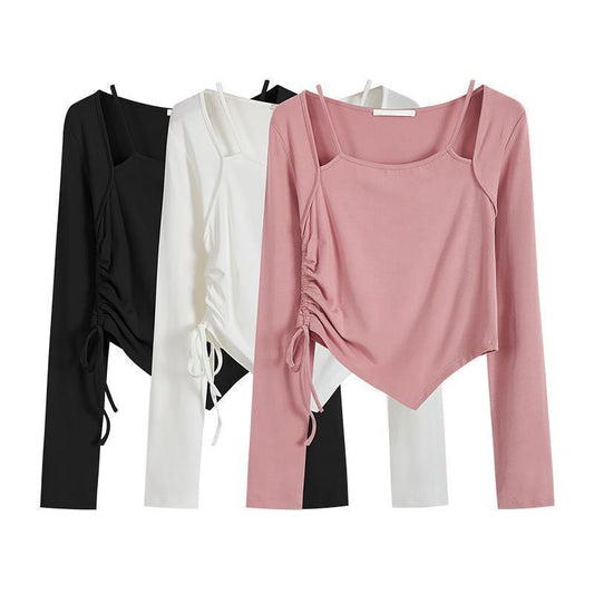 Short Solid Color Long Sleeve T-Shirt Female Student Drawstring Sling Long Sleeve Top Women