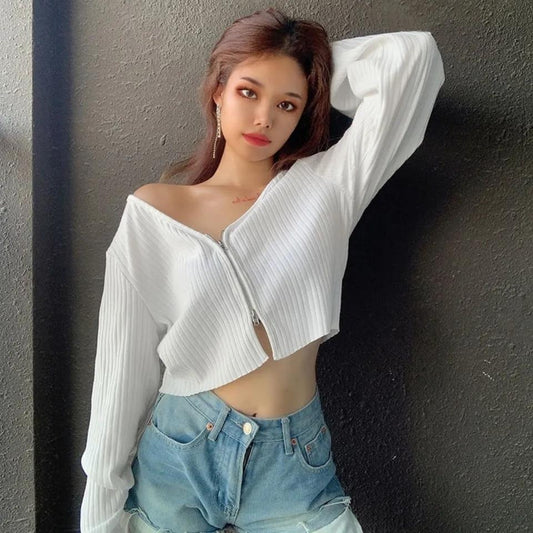 Women's Zipper Thin Cardigan Jacket Retro Loose Short Knit Sweater College Style V-Neck Top Fashion Long Sleeve Shirt