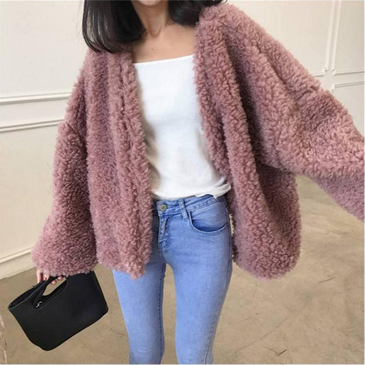 Harajuku Coat Women Long Sleeve Imitation Lambskin Jacket Ladies Casual Loose Warm Outwear