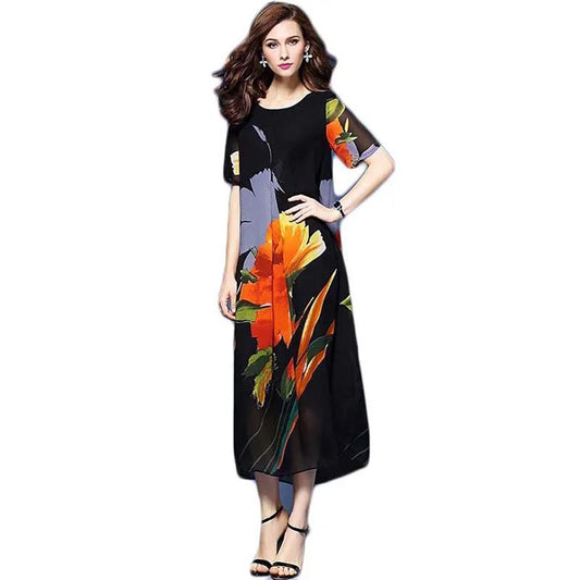Women Summer Vintage Short Sleeve Round Collar Holiday Dress Elegant Loose Chiffon Floral Printed Long Dress