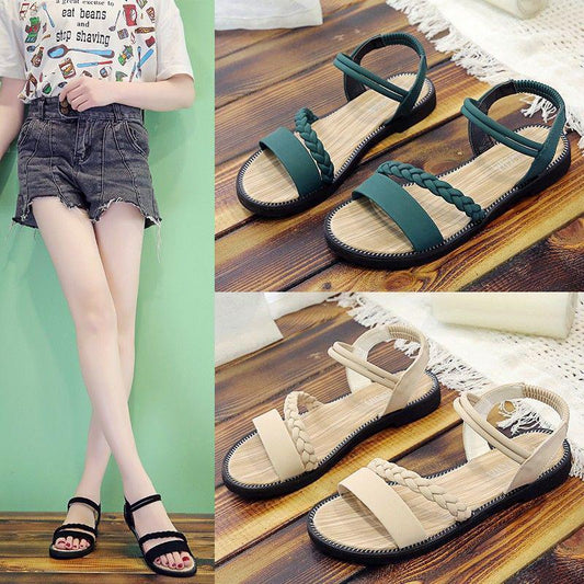 Flat Sandals Women's Shoes Open-toe Elastic Band Sandals Women's Casual Women's Flat-bottom Beach Shoes College Style All-match Sandals