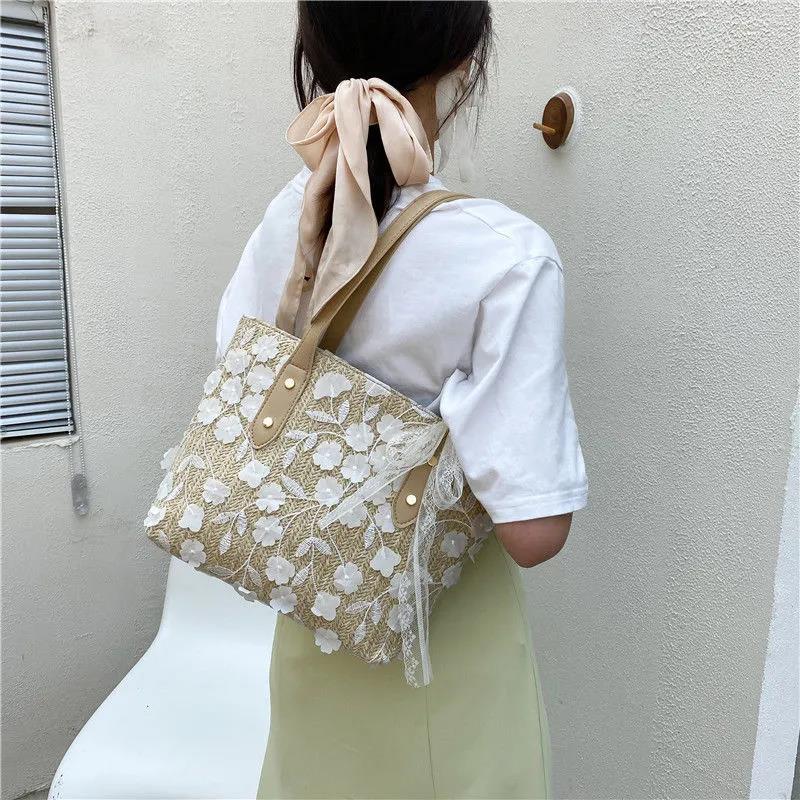 Women Casual Lace Appliques Woven Shoulder Bag Handbags Large Capacity Vintage Tote Bags