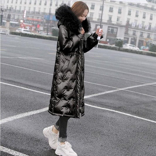 Glossy Down Cotton-padded Jacket for Women's Middle and Long Winter Padded Jacket with Korean Version with Large Fur Collar