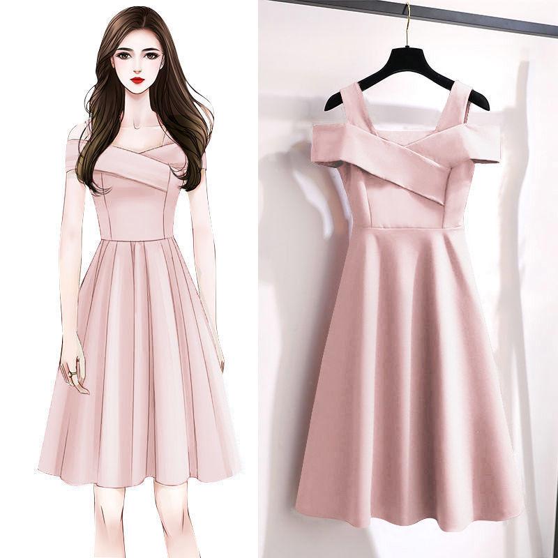 Fashion Women's Dress Mid-length Plus Size Off-the-shoulder Dress Women's Slim A-line Pleated Dress Summer