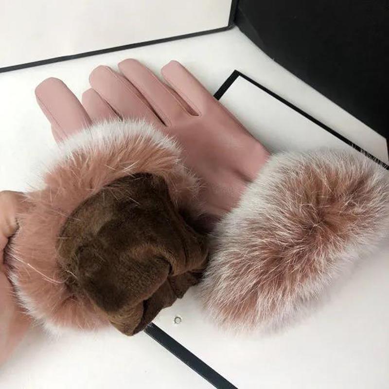 Leather Gloves Women's Rabbit Fur Plus Velvet Padded Gloves Warm and Windproof Riding Touch Screen Gloves