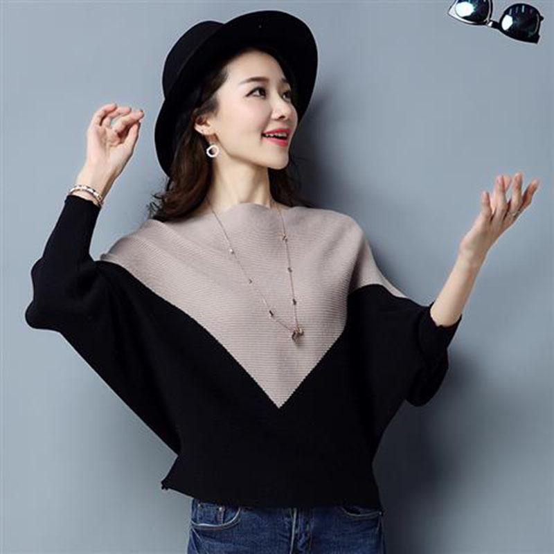 Pofulove Women Batwing Sleeve Pullover Sweater Knit Loose crew neck Stitching contrast Sweaters top
