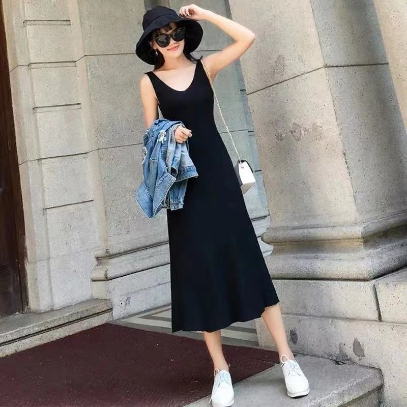 Suspender Knitted Dress Female Summer Slim Elegant Vest Long Ice Silk Slim Bottom Casual Dress