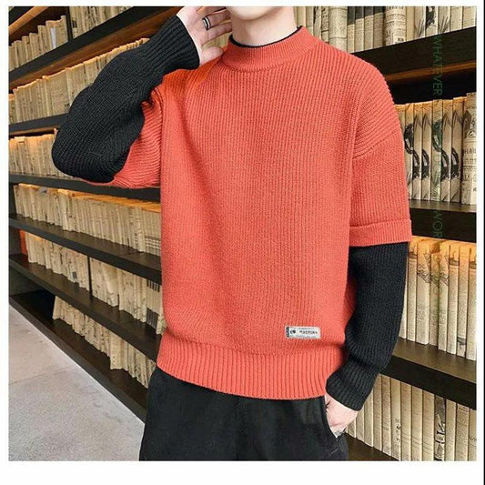 Autumn Thin Sweater Half High Neck Pullover Sweater Men's Trendy Knit Sweater Color Matching Bottoming Shirt Men's Top