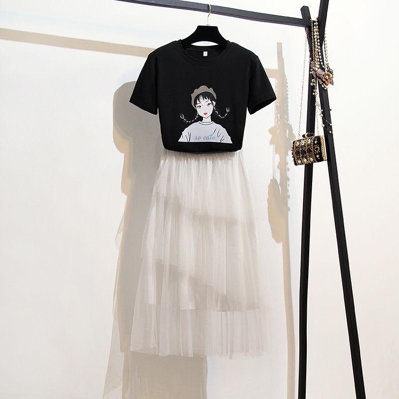 Fashion Summer Women Skirt Suit Printed T-shirt Multilayer Mesh Skirt Two-piece Set Elegant Outfits