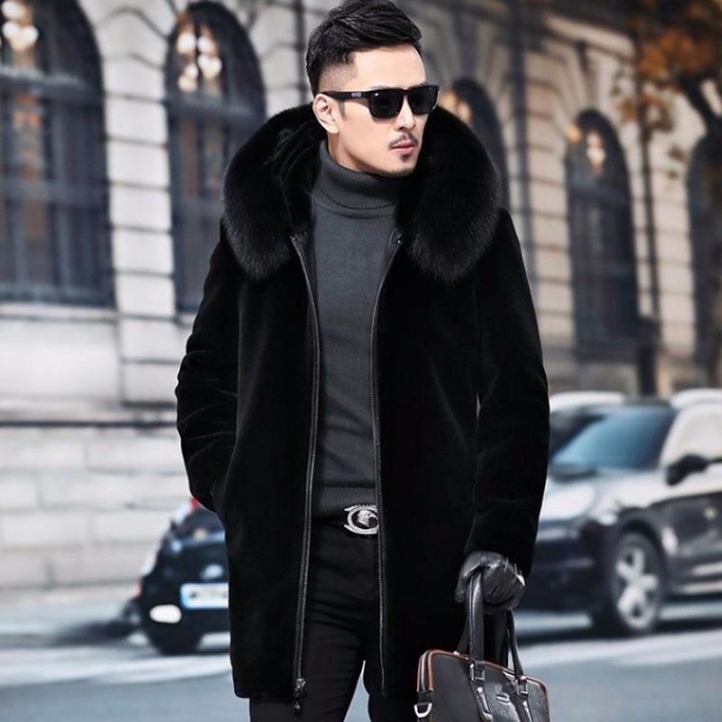 Haining Fur Coat One Mid-length Men's Fur Coat with Faux Fox Fur Collar Fur and Cotton Jacket